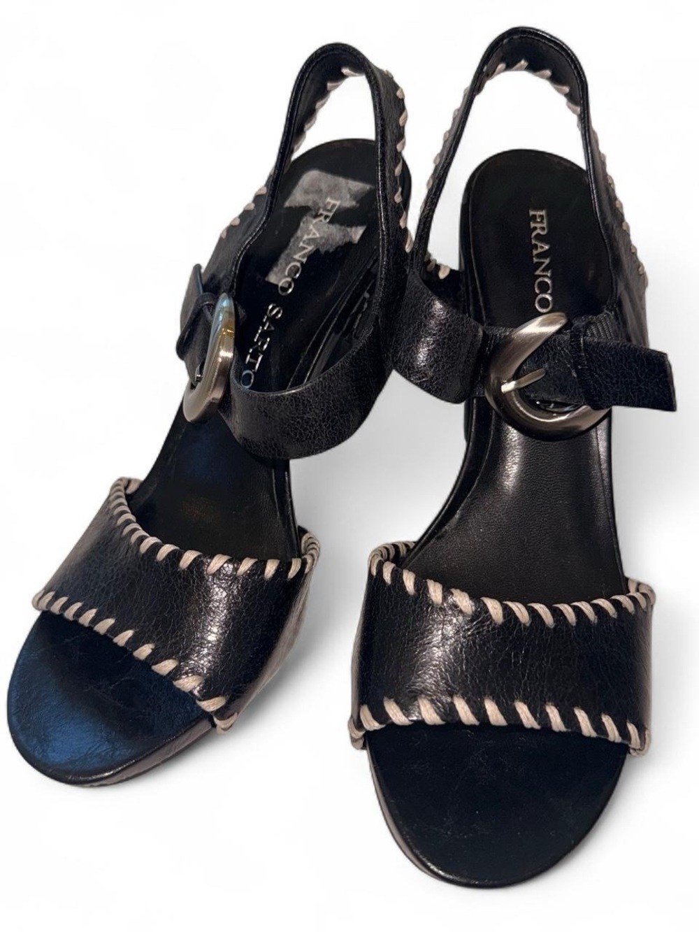 Franco Sarto Black Leather Slingback Sandals with Contrast Whipstitch - 7.5